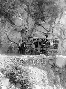 An early photo of an autocar on the Mt. Wilson Toll Road.